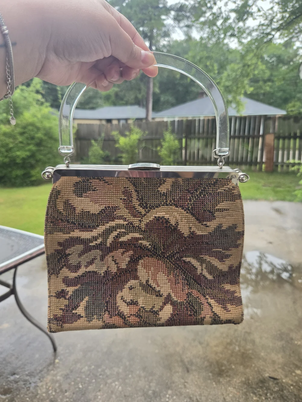 Tapestry Handbag with Clear Top Handle - Brown Floral